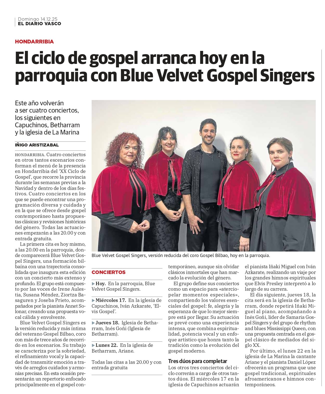 Artículo sobre Blue Velvet Gospel Singers en el Ciclo Gospel de Hondarribia